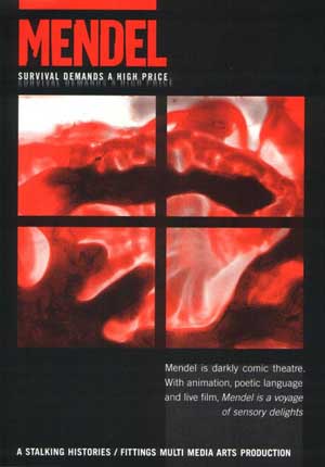 This is the leaflet for the Mendel production. It has a black background and the title Mendel is in red. It has an image of a red stain on a white background in a square divided into four quadrants. The red shape is abstract and suggests blood and internal organs.  Image - Felicity Shillingford Design - Paul Heaton